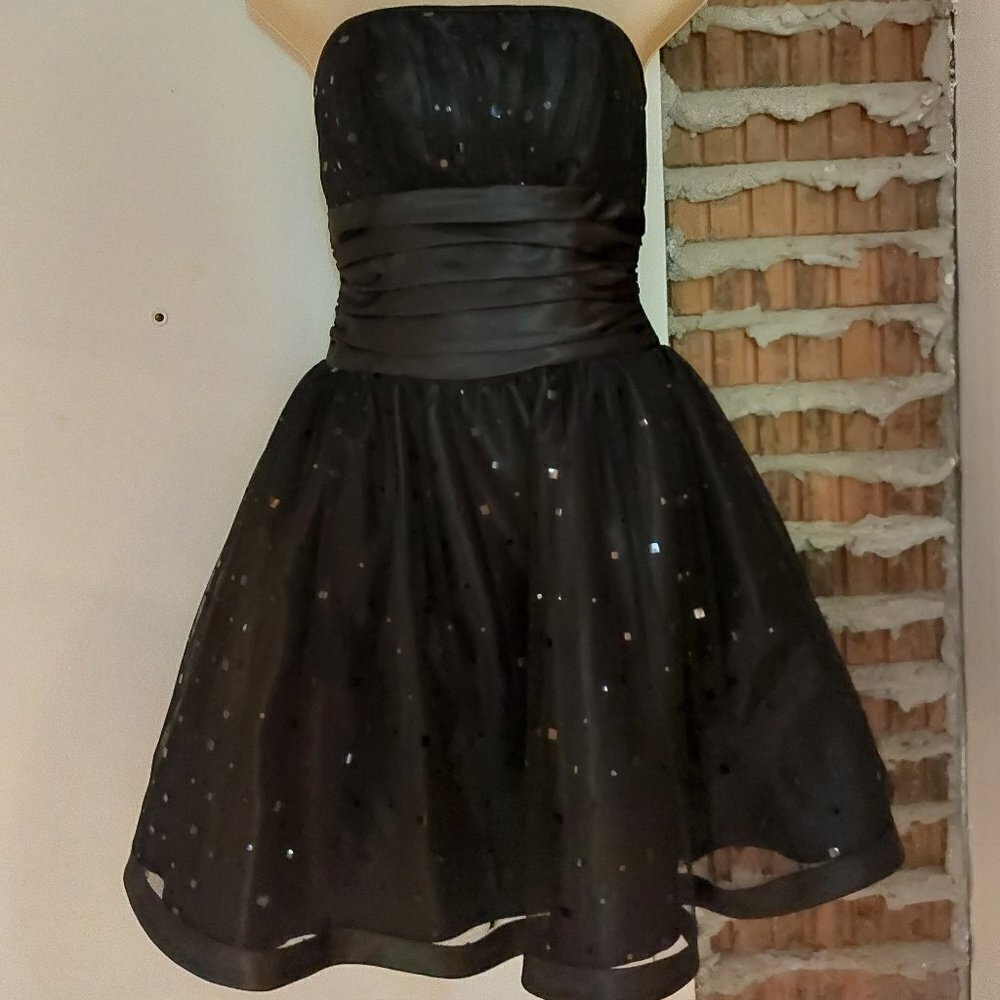 Jessica McClintock For Gunne Sax Formal Black Dress Strapless Boned Sequins Sz 5